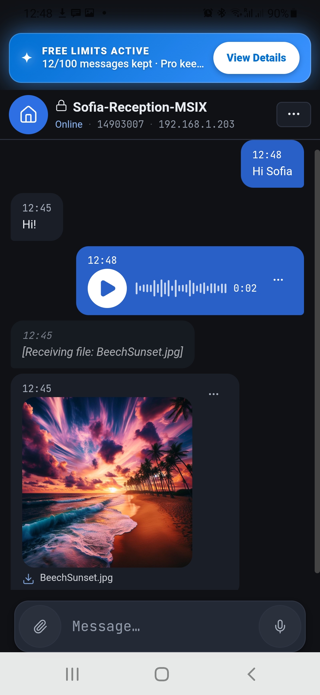 TreeTalk Node Android app showing private chat, text and voice messages, file previews and action menus