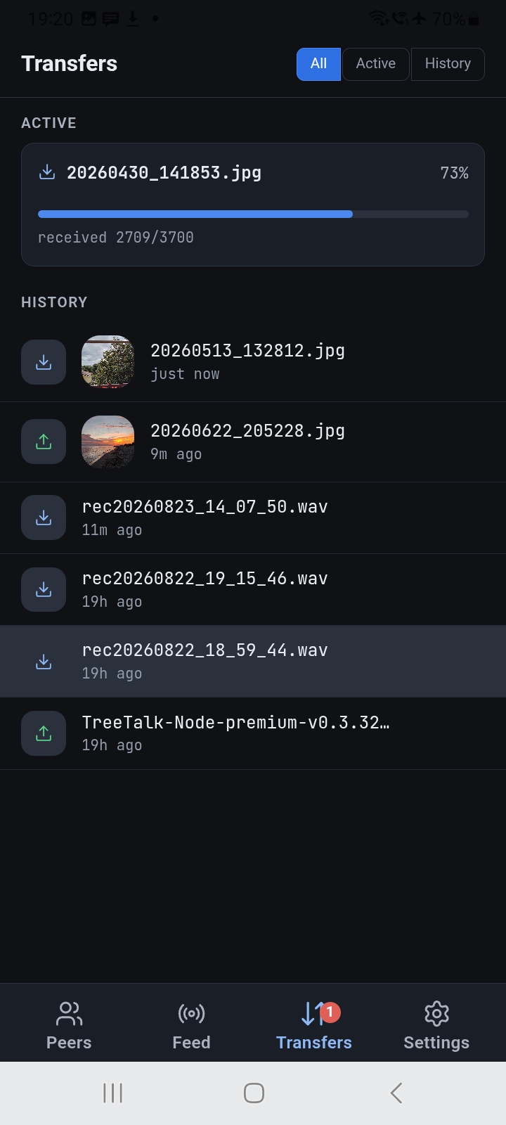 TreeTalk Node Android Transfers tab showing file previews, failed transfer notifications and share menu options